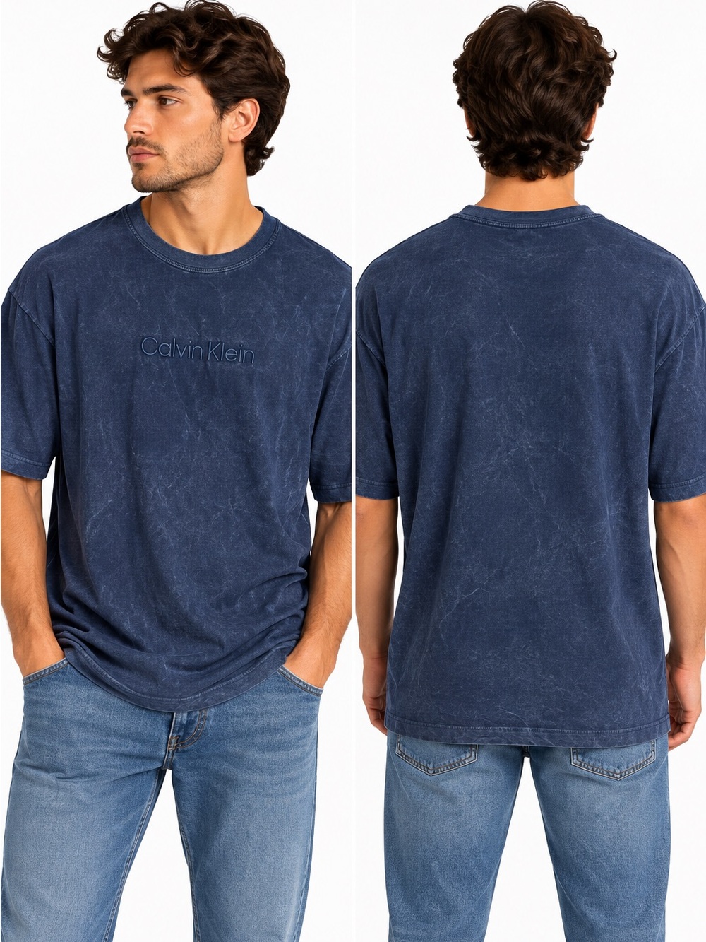 Calvin Klein Men’s Navy Mineral Wash Embroidered Logo T-Shirt Size Small